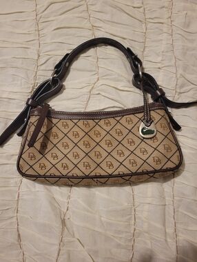 Dooney & Bourke Tan Signature Jacquard Shoulder Bag with Dark Brown Trim